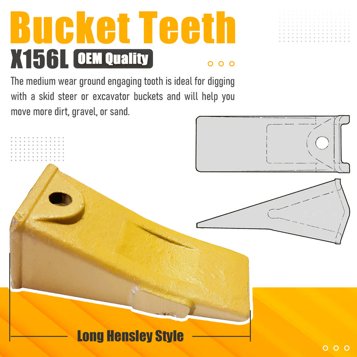 BDI Wear Parts Company Yellow X156L Long Bucket Teeth + P156 Long Pins (5 Pack) for Hensley Style for Skid Steer and Mini Excavators